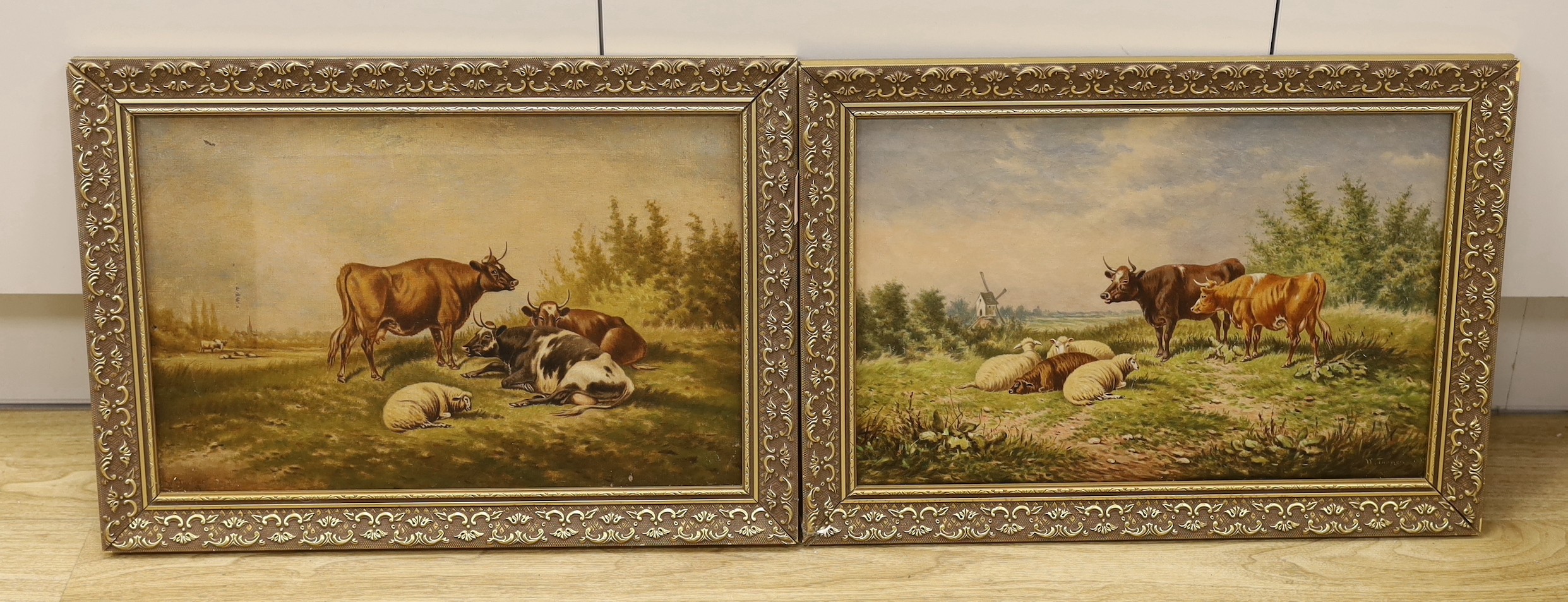 William Eddowes Turner (c.1820-1885), pair of oils on canvas, Cattle in pasture, signed, 30 x 45cm
